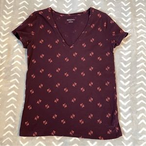 Burgundy Bird Print V-Neck Tee